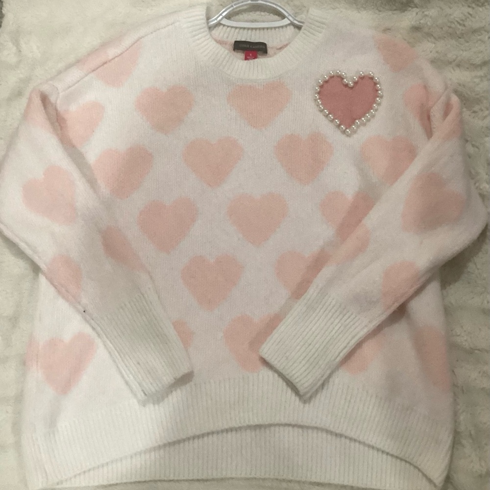 Vince Camuto White and Pink Heart Sweater